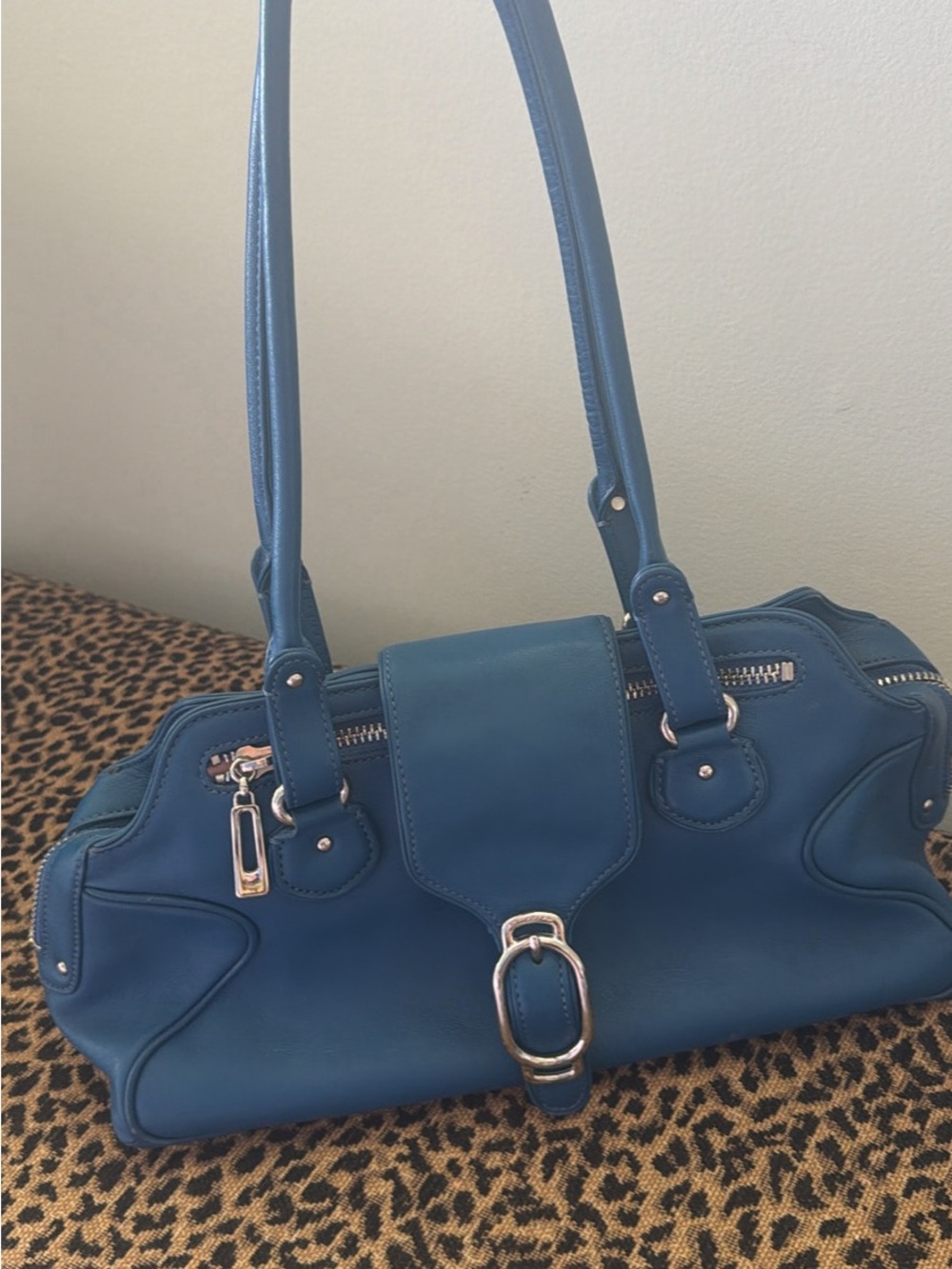 Cole Haan Teal Blue Leather Shoulder Bag with Buckle